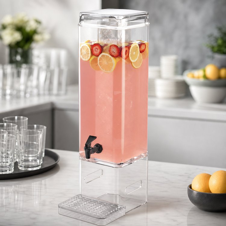 Product image #4 for Cal-Mil 5-Gallon Square Clear Acrylic Beverage Dispenser with Drip Tray and Integrated Handles