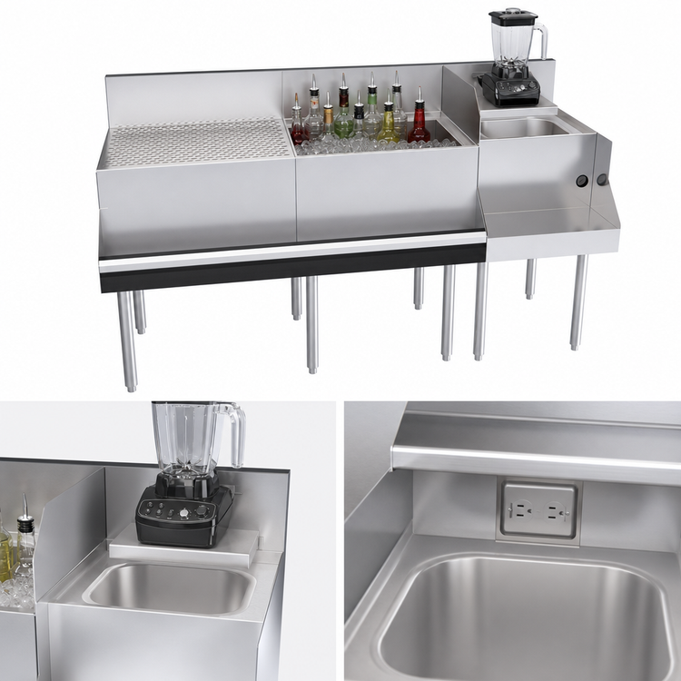 Product image #5 for Krowne Royal Series 66-Inch Underbar Ice Bin/Cocktail Station with Blender Station, Drainboard and 10-Circuit Cold Plate