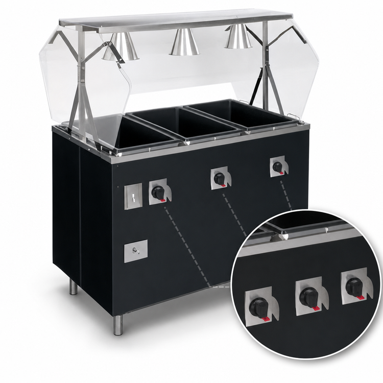 Product image #4 for Vollrath 2-Series Affordable Portable Deluxe 3-Well Mobile Hot Food Station with Illuminated Breath Guard and Enclosed Base
