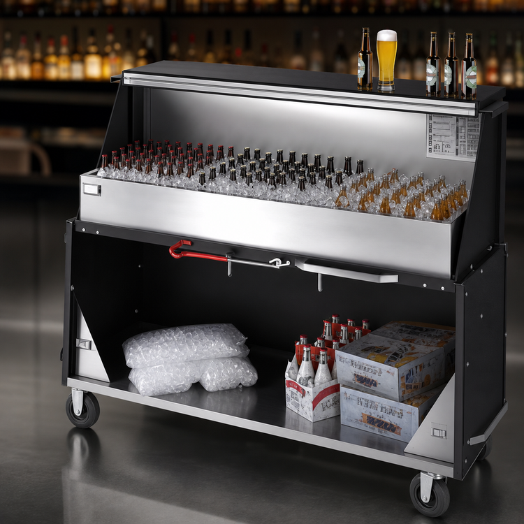 Product image #4 for Dinex Chest-Style Portable Ice Bar with Stainless Steel Ice Bin, Locking Cabinets and Speedrail, Black Matte