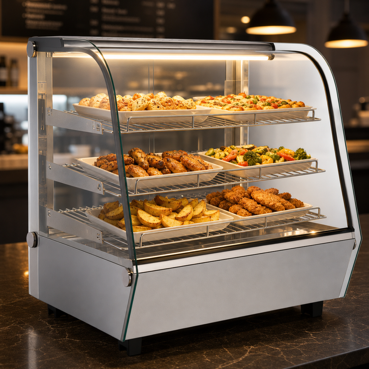 Product image #4 for Omcan Countertop Full-Service Heated Display Warmer with Curved Glass and 3 Shelves