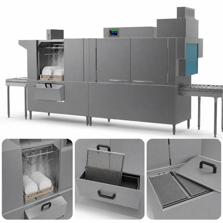 Product image #4 for Champion 100 PRO-HR Pro Series 2-Tank High-Temperature Steam Rack Conveyor Dishwasher with Heat Recovery, 348 Racks/Hour