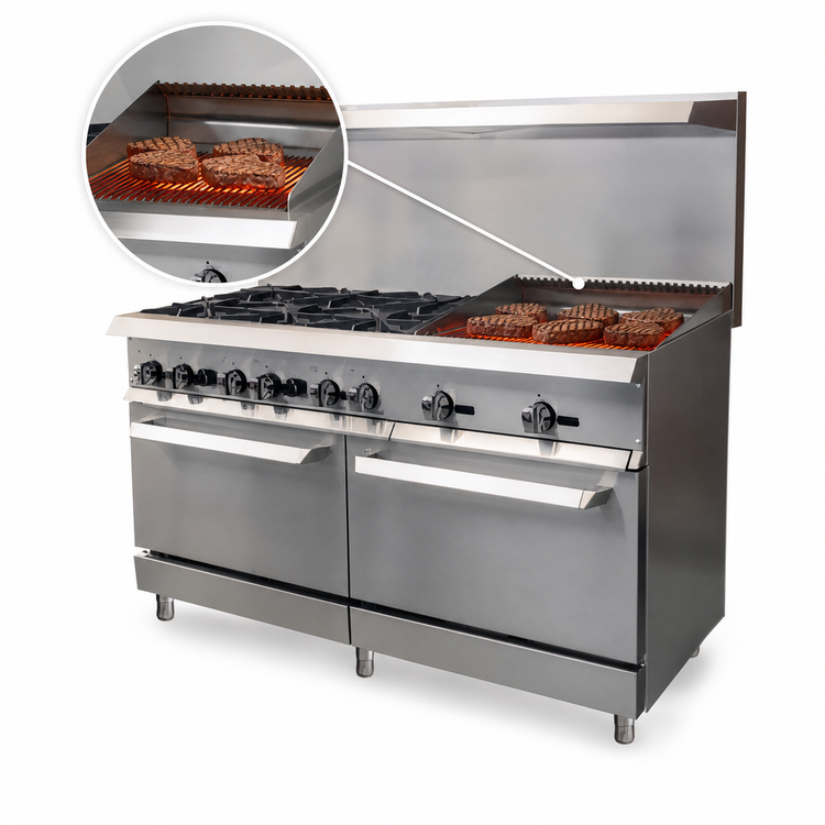 Product image #4 for IKON Cooking 60-Inch Natural Gas Commercial Range with 6 Burners, 24-Inch Radiant Broiler, and 2 Standard Ovens