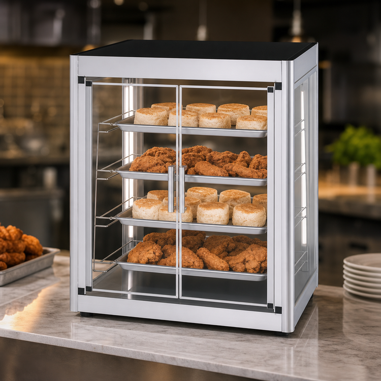 Product image #4 for Hatco Flav-R-Savor 2-Door Countertop Humidified Holding and Display Cabinet with 4-Tier Pan Rack, No Motor, LED Lighting