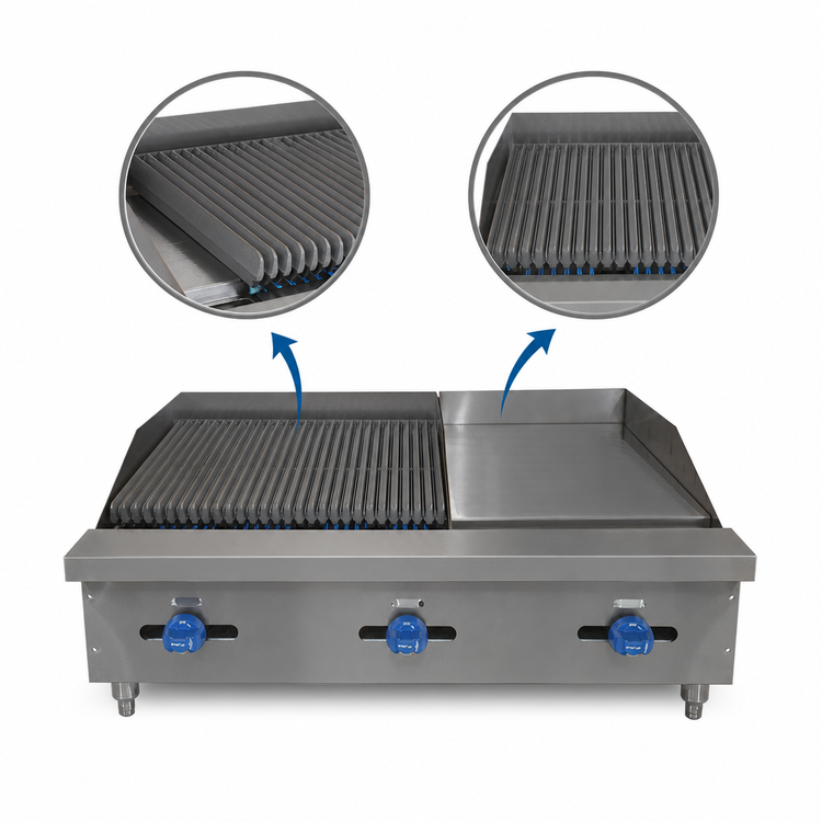 Product image #4 for 36-Inch Countertop Gas Char-Broiler/Griddle Combination with 12-Inch Griddle and 24-Inch Radiant Broiler