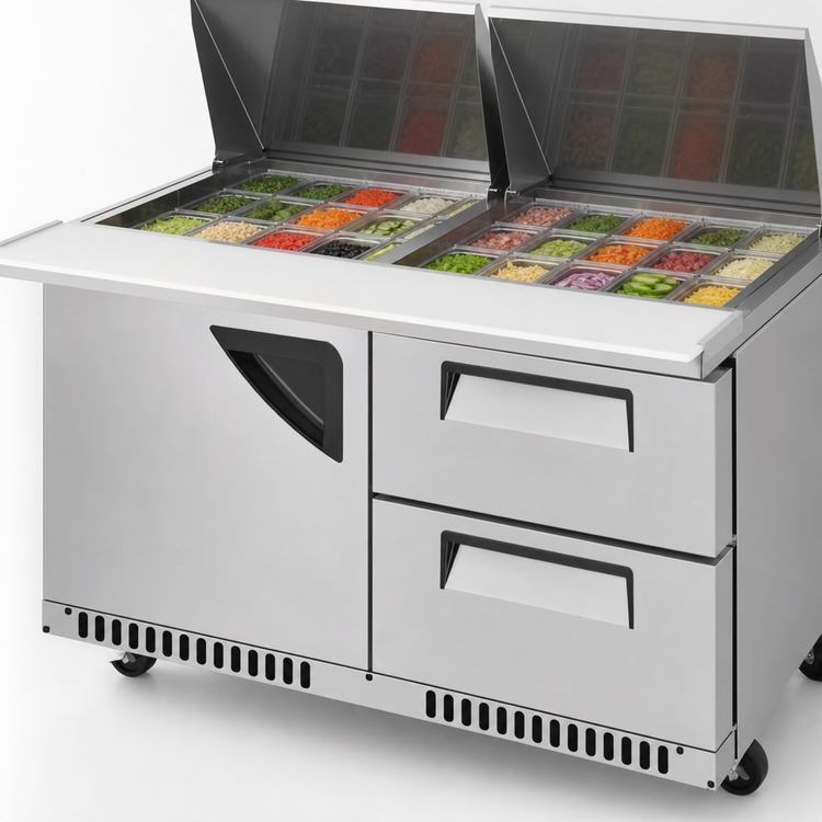 Product image #5 for Turbo Air Super Deluxe 2-Section Front Breathing Sandwich/Salad Mega Top Prep Table with 24-Pan Opening, 1 Door, and 2 Drawers