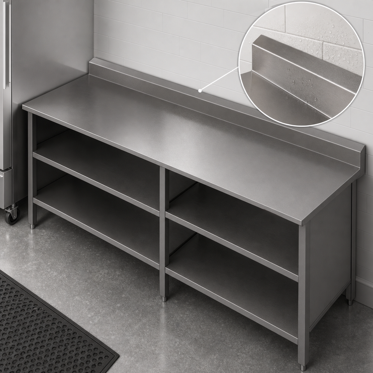 Product image #4 for John Boos Enclosed Base Work Table with Open Front, 132-Inch x 24-Inch, 16-Gauge 300 Series Stainless Steel Top, 5-Inch Rear Riser