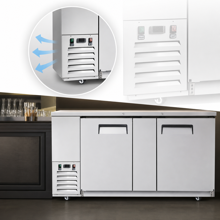 Product image #5 for Atosa 2-Section Stainless Steel Back Bar Cooler with Self-Contained Side-Mount Refrigeration and Solid Locking Doors, 21.5 Cu. Ft.