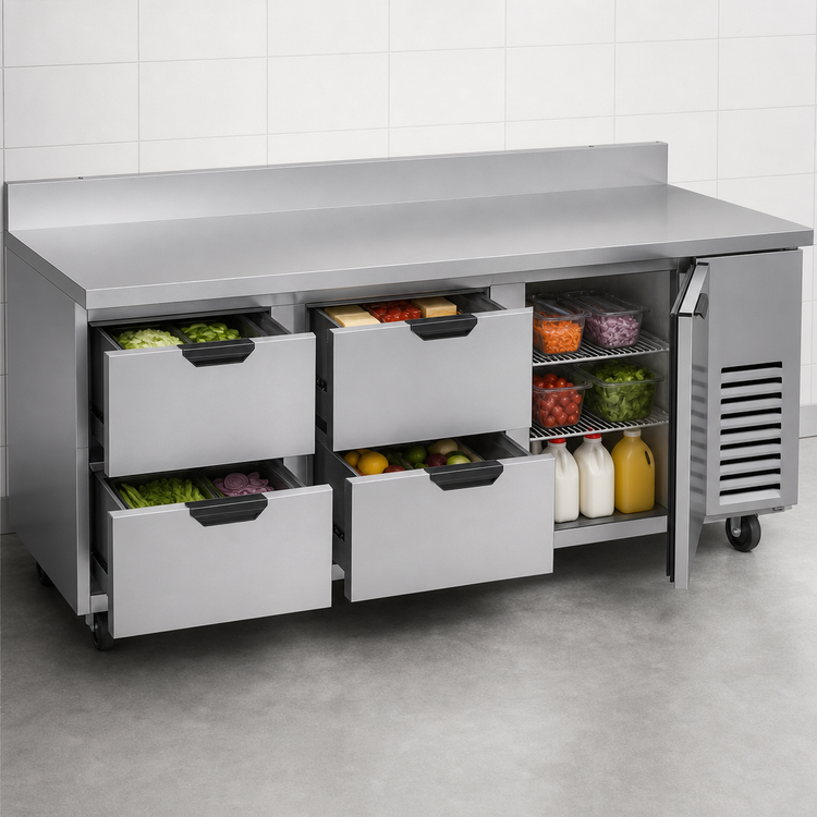 Product image #4 for Beverage-Air Three-Section Worktop Refrigerator with 4 Drawers and 1 Door, 93 Inches, Side-Mounted Self-Contained, Stainless Steel