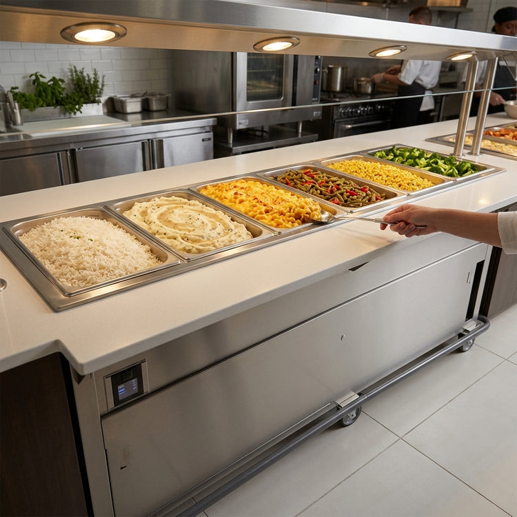 Product image #3 for Thurmaduke EPW-6-CBPG Portable 6-Well Ganged Waterless Steamtable with Undershelf and Cutting Board