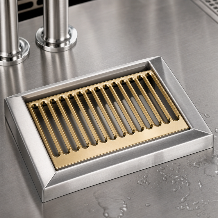 Product image #4 for Micro Matic Surface-Mount Stainless Steel Drip Tray Trough with Louvered PVD Brass Screen, 9 x 6-1/2 Inches