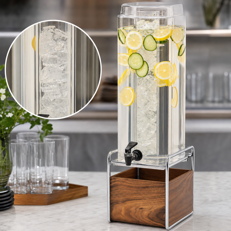 Product image #4 for Cal-Mil Mid-Century 3-Gallon Single Beverage Dispenser with Ice Chamber, Lid, Spigot, Walnut Base, and Chrome Frame