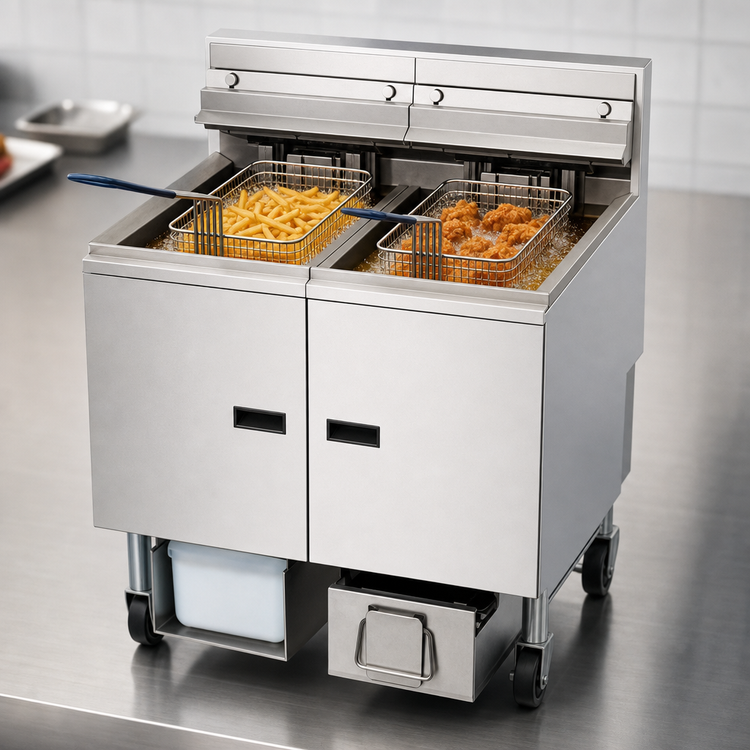 Product image #4 for Solstice Reduced Oil Volume Electric Split Frypot Countertop Fryer with Built-In Filter Drawer, 2 x 15 lb Tanks, 14 kW