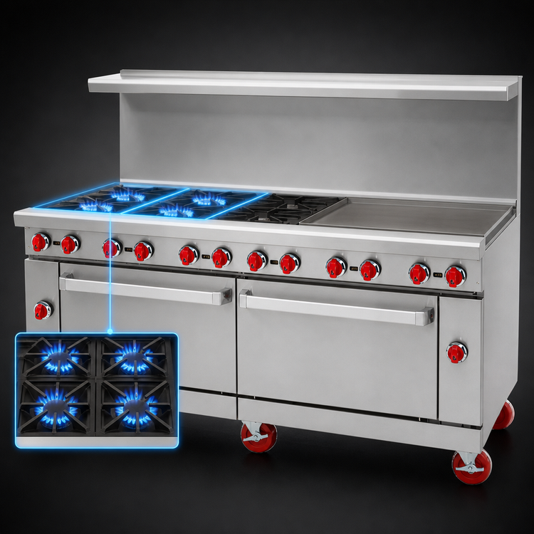 Product image #4 for American Range 72-Inch Gas Restaurant Range with 48-Inch Griddle, 4 Open Burners, Standard Oven, and Storage Base