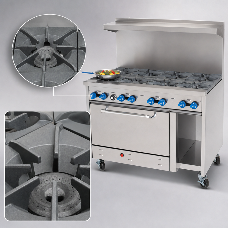 Product image #4 for Comstock-Castle F3430 48-Inch Commercial Gas Range with 8 Open Burners, 31.5-Inch Oven, and Open Cabinet Base