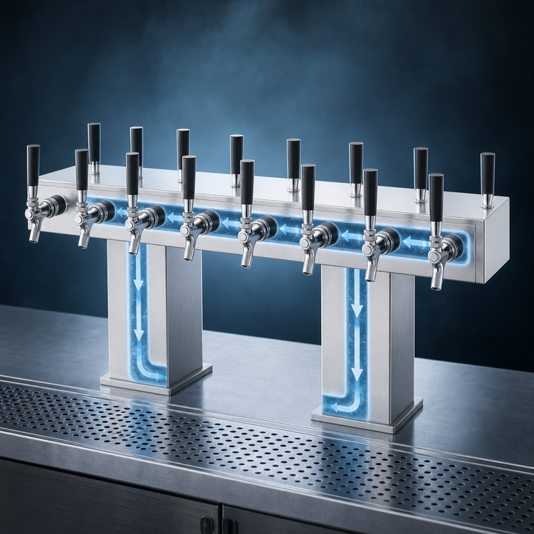 Product image #4 for Perlick Extra High Back-to-Back Bridge Tee Countertop Glycol-Cooled Draft Beer Tower, 32 Faucets, Chrome Finish