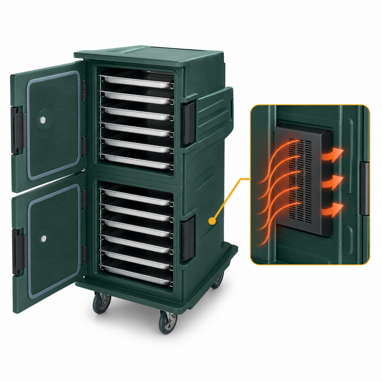 Product image #5 for Cambro Camtherm Tall Profile Electric Hot Holding Cart with Double Doors, 12 Sheet Pan Capacity, Granite Green