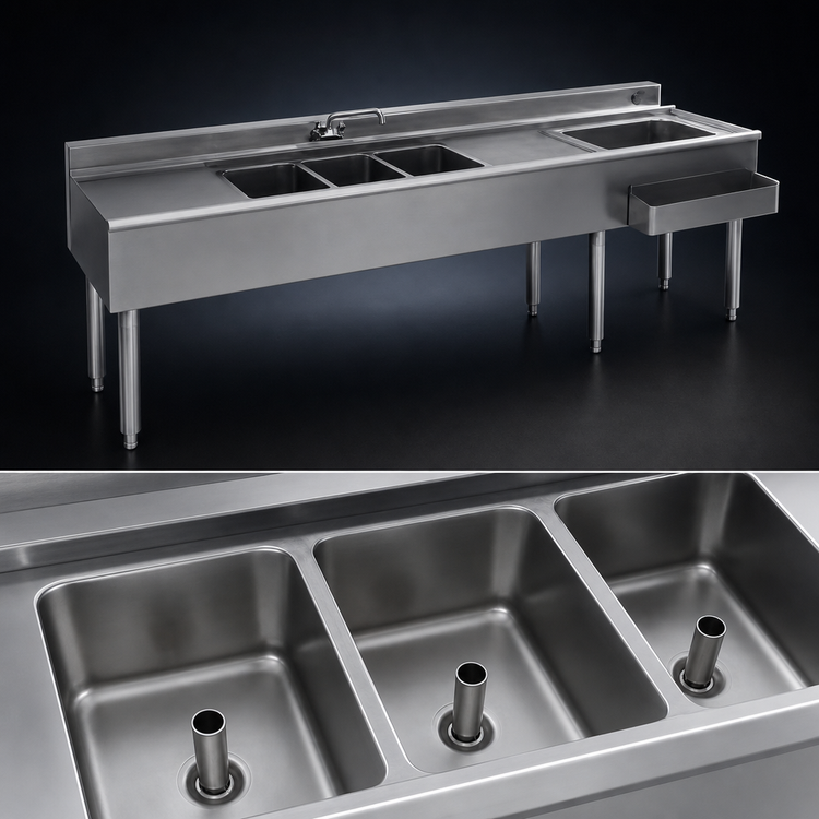 Product image #4 for Eagle Group 2200 Series 84-Inch Underbar Combination Unit with 3 Sink Bowls, 24-Inch Ice Bin, and Right-Hand Speed Rail