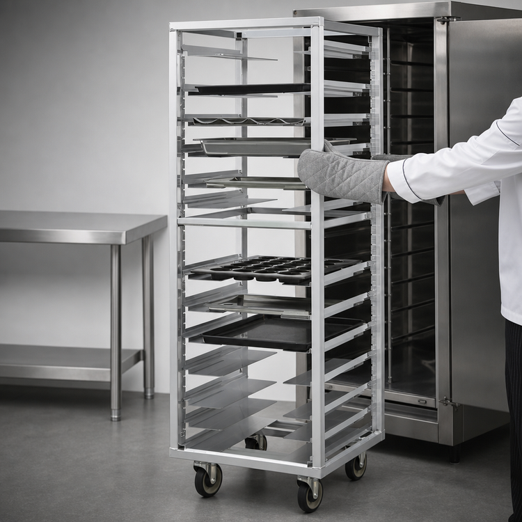 Product image #4 for Universal Roll-In End-Load Aluminum Pan Rack with 12 Adjustable Guides, 10-12 Pan Capacity