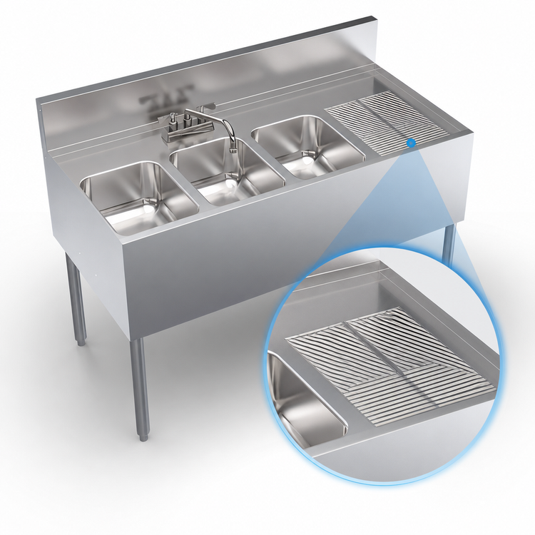 Product image #4 for Krowne Royal Series Three-Compartment Underbar Sink Unit, 48 x 24 Inches, Left Bowl, Right Drainboard