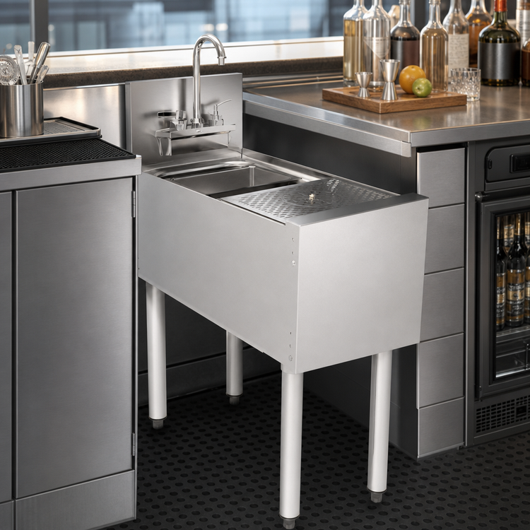 Product image #5 for Perlick Top Shelf Series 12-Inch Wide Stainless Steel Underbar Bartender Prep Sink with Single Bowl, Gooseneck Faucet, Glass Rinser, Wet Waste Pan, and 6-Inch Backsplash