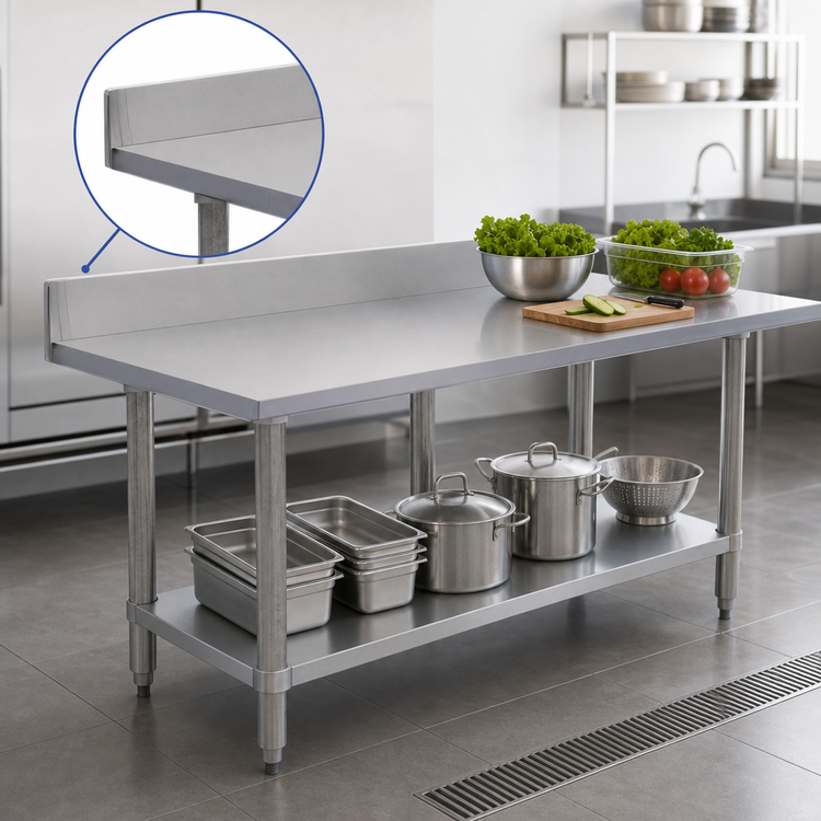 Product image #4 for Omcan Standard Series 84 Inch x 24 Inch Stainless Steel Work Table with 4 Inch Backsplash, Galvanized Undershelf, and 6 Legs