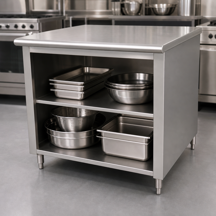 Product image #4 for Advance Tabco 48" x 30" Open Front Cabinet Base Work Table with Mid-Shelf, 14-Gauge 304 Stainless Steel Top