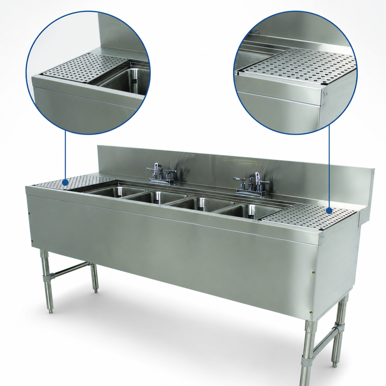 Product image #4 for Advance Tabco Prestige 4-Compartment Underbar Sink Unit with Left and Right Drainboards and Deck Mount Faucets, 96 Inch