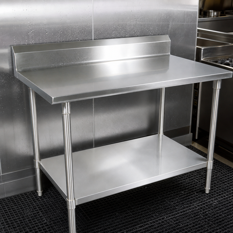 Product image #4 for John Boos Stallion 84 x 36-Inch 14-Gauge 300-Series Stainless Steel Work Table with 5-Inch Backsplash and Undershelf