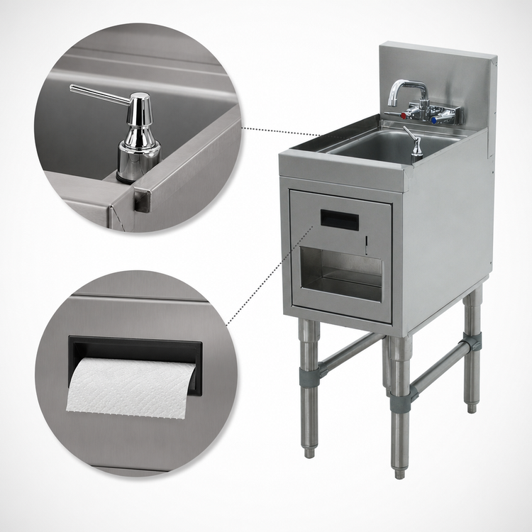 Product image #4 for Advance Tabco Prestige Supreme Underbar Hand Sink with Soap/Towel Dispensers and Splash-Mount Faucet, 12 x 20 x 36 Inches