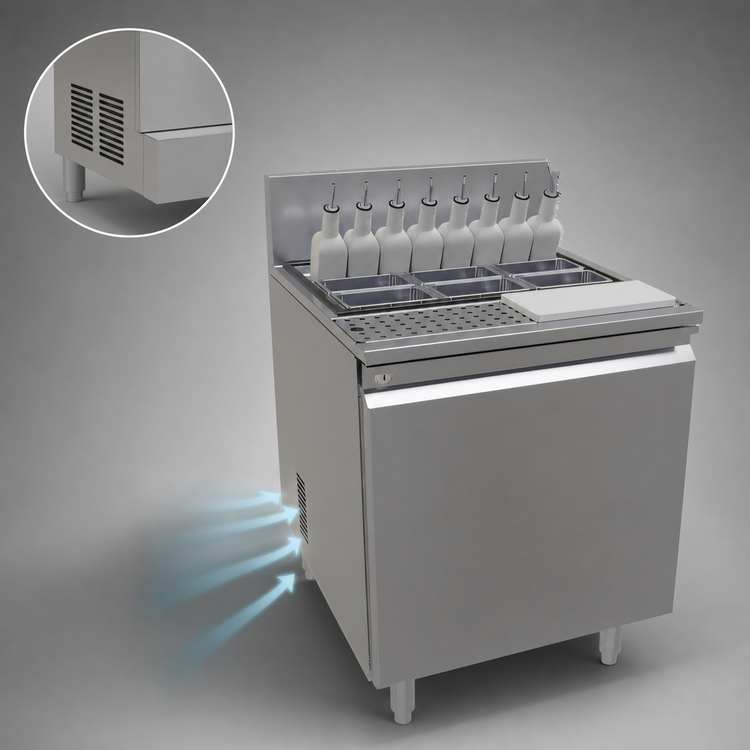 Product image #4 for Glastender 24-Inch One-Zone Self-Contained Cocktail Prep Cooler with Chilled Garnish Rail, Bottle Rail, and Drink Rail