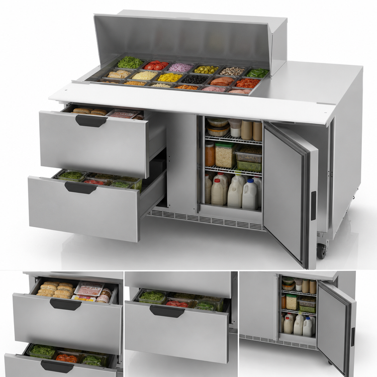 Product image #5 for Beverage Air 60-Inch Two-Section Mega Top Sandwich Prep Table with 18-Pan Top, Drawers, and Door