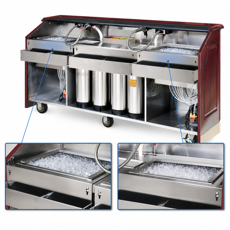 Product image #4 for Architectural Series 96-Inch Mahogany Wood Post-Mix/Bag-in-Box Portable Bar with Dual 50 lb. Ice Bins