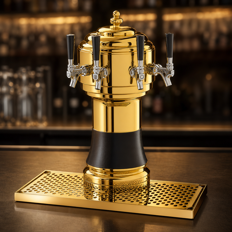 Product image #4 for Glastender Zeus 5-Faucet Polished Brass Draft Dispensing Tower with Surface-Mount Drain Pan