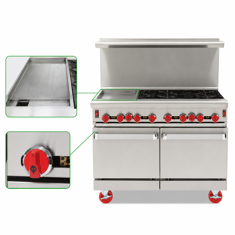 Product image #4 for American Range 48-Inch Green Flame Stainless Steel Gas Range with Left 12-Inch Griddle, 6 Open Burners, and 2 Space Saver Ovens