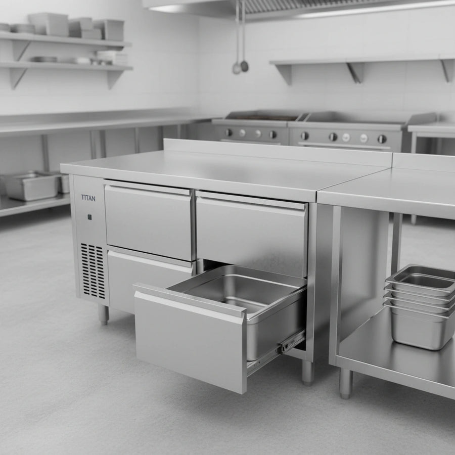 Experience effortless loading, unloading, and cleaning with the Titan Fire & Ice freezer base's easily removable drawers, compatible with standard food pans.