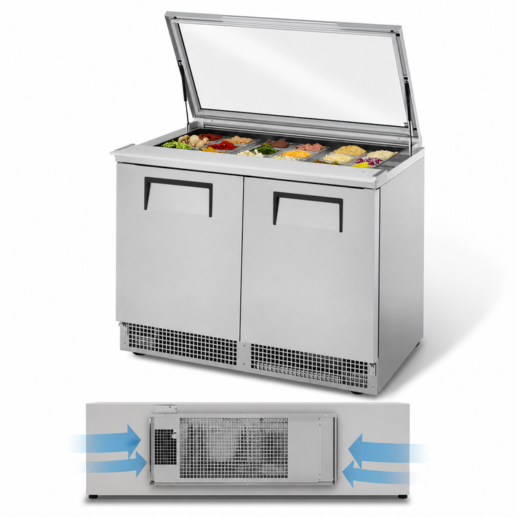 Product image #4 for 48-Inch Two-Section Refrigerated Sandwich/Salad Prep Table with Heavy-Duty Flat Glass Lid and 18-Pan Top