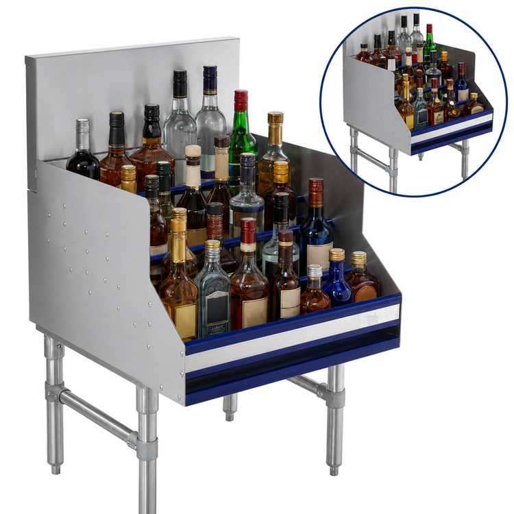 Product image #4 for 5-Step Freestanding Stainless Steel Liquor Bottle Display Unit with 7-Inch Backsplash