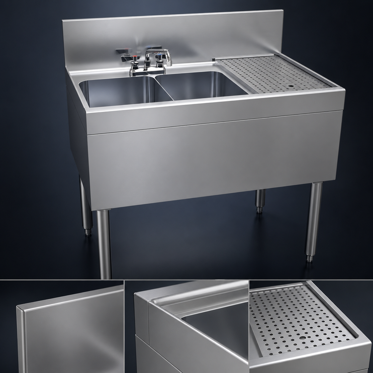 Product image #4 for Glastender Two-Compartment Underbar Sink Unit with Right Drainboard and Deck-Mount Faucet, 36 Inch Wide