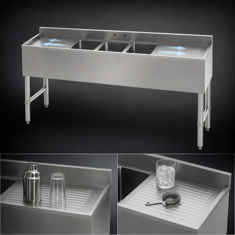 Product image #4 for Sapphire 3-Compartment Underbar Bar Sink with Dual 13-Inch Drainboards, 60-Inch Wide