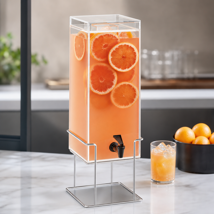 Product image #4 for Cal-Mil Mid-Century 3 Gallon Square Beverage Dispenser with Ice Chamber, Drip Tray, and Chrome Wire Base
