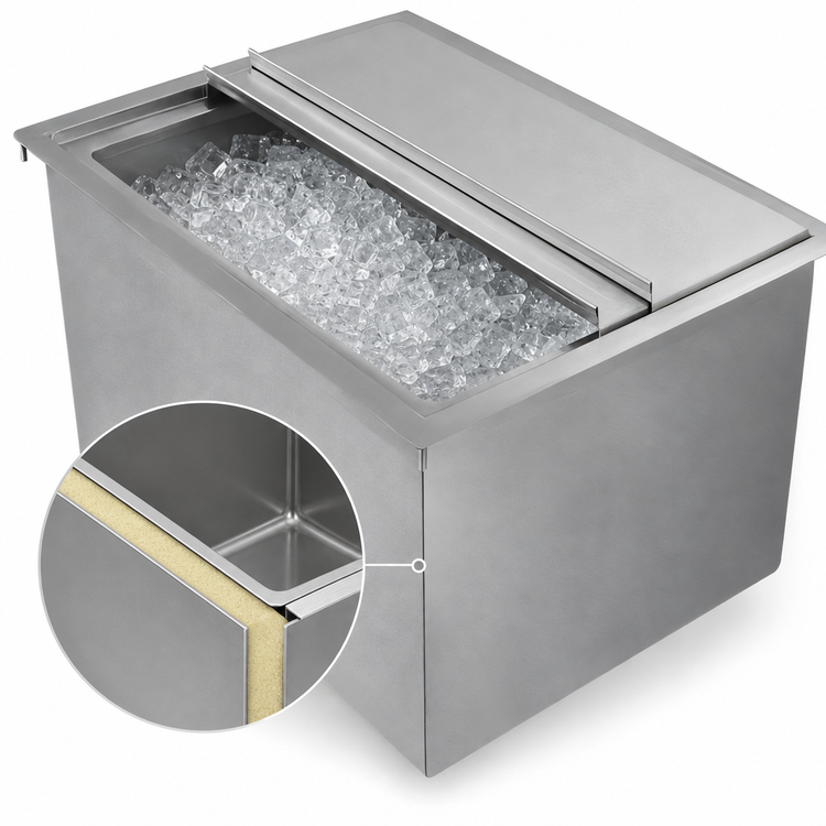 Product image #4 for Klinger's Trading Drop-In Insulated Stainless Steel Ice Bin with Sliding Cover, 24 x 18 In., 80 lb. Capacity