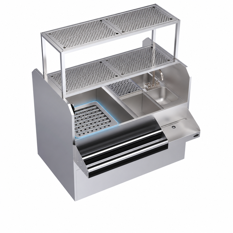 Product image #5 for Royal Series 54-Inch Pass-Thru Underbar Ice Bin/Cocktail Station with Left Ice Bin, 10-Circuit Cold Plate and Dual Dump Sinks