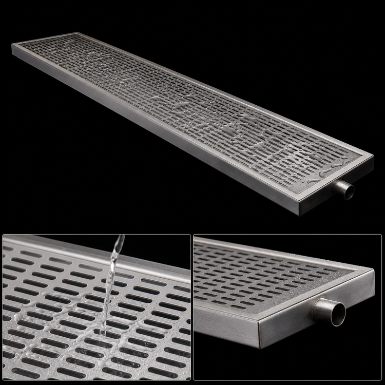 Product image #4 for Surface Mount Stainless Steel Drip Tray Trough, 51 Inch x 8 Inch, With Perforated Screen and 5/8 Inch O.D. Drain