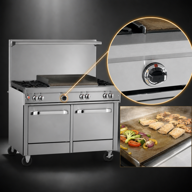 Product image #4 for Ultimate 48-Inch Gas Restaurant Range with 2 Star/Sauté Front Burners, 2 Rear Non-Clog Burners, 24-Inch Griddle, and 2 Space Saver Ovens