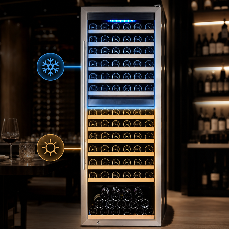 Product image #4 for Omcan Vinovero 126-Bottle Dual Zone Commercial Wine Cooler with Locking Stainless Steel Framed Full Glass Door