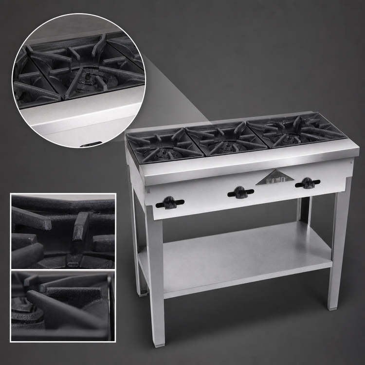 Product image #4 for Comstock-Castle FHP3S 36-Inch 3-Burner Floor Model Gas Hot Plate with Open Leg Base and Undershelf