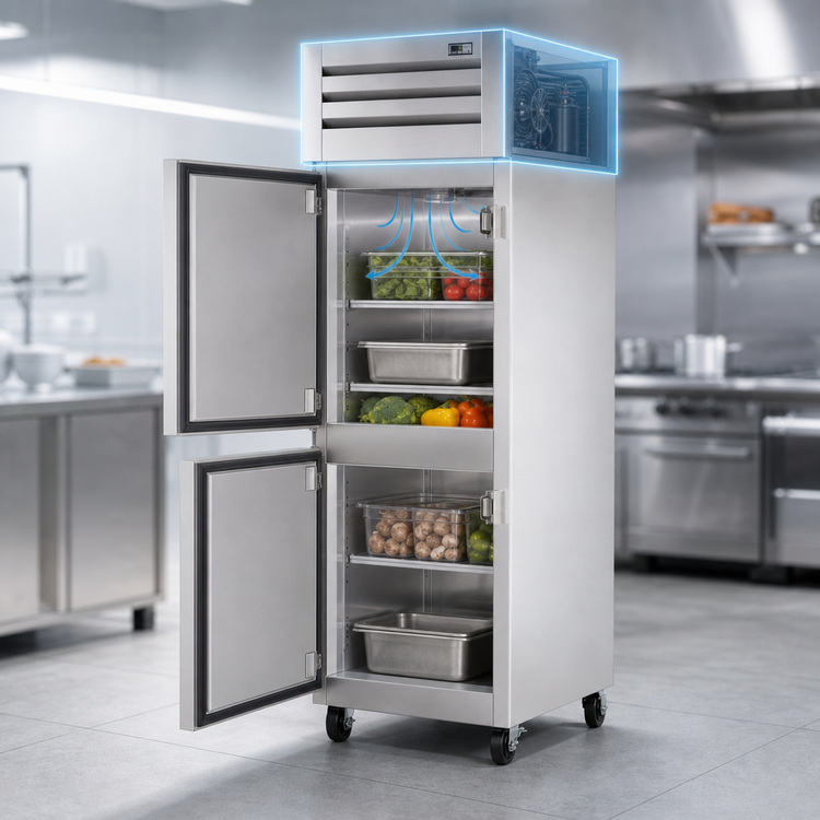 Product image #4 for Pass-Thru One-Section Reach-In Refrigerator with Half Front and Rear Swing Doors, Stainless Steel, Self-Contained Top Mount