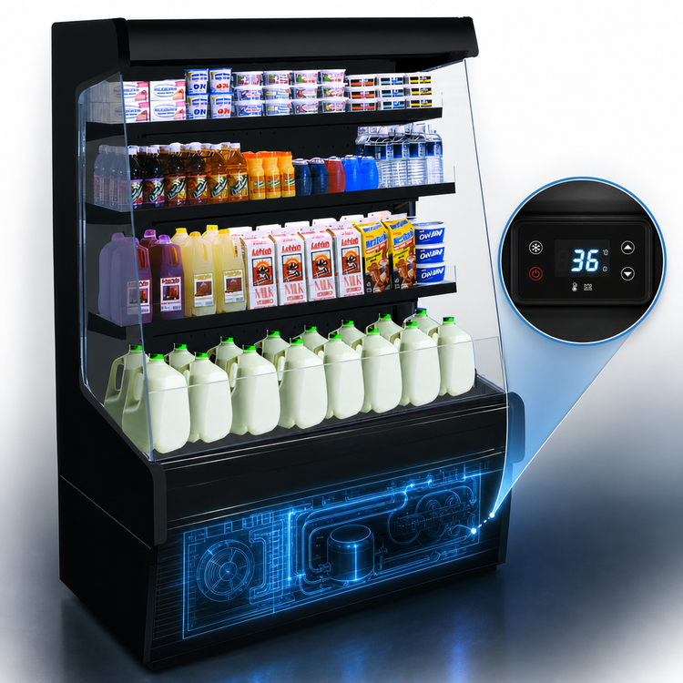 Product image #4 for Howard-McCray 30E Series 51-Inch Remote Rear-Loading Open Merchandiser with 3-Row LED Lighted Shelves, Black