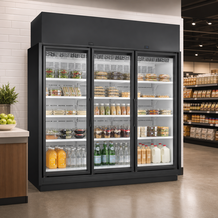 Product image #4 for 3-Door Medium Temperature Glass Door Retail Merchandiser Refrigerator, Self-Contained, Black Exterior/White Interior, 116.2 Cu. Ft.